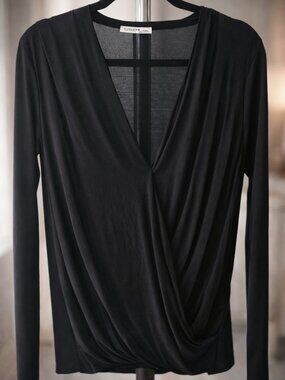 ZARA Wrap Blouse Black Sheer Back Draped Top Size M